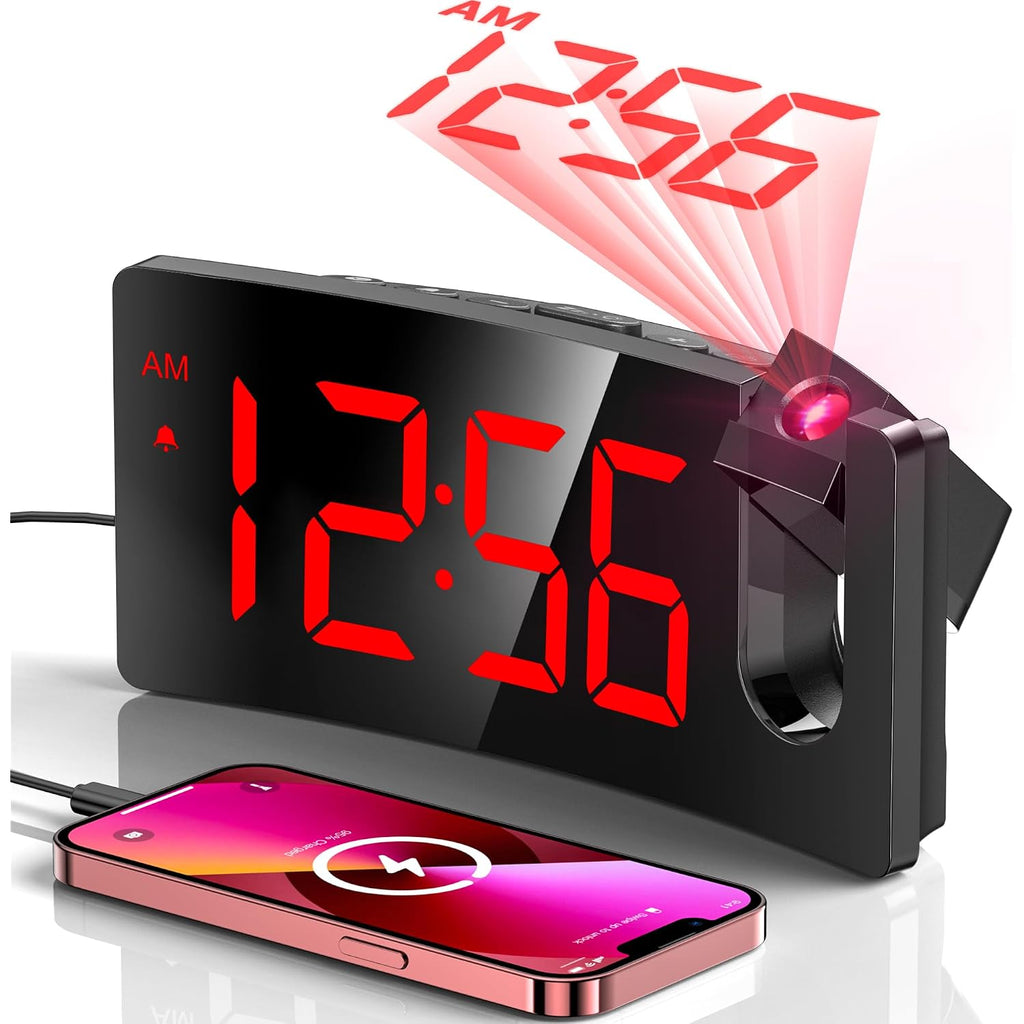 Projection Alarm Clock, Digital Clock With Modern Curved Design 180° Rotatable Projector, 3-Level Brightness Dimmer, Clear Red Led Display, Progressive Volume, 9Mins Snooze,12/24H, For Bedroom