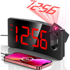 Projection Alarm Clock, Digital Clock With Modern Curved Design 180° Rotatable Projector, 3-Level Brightness Dimmer, Clear Red Led Display, Progressive Volume, 9Mins Snooze,12/24H, For Bedroom