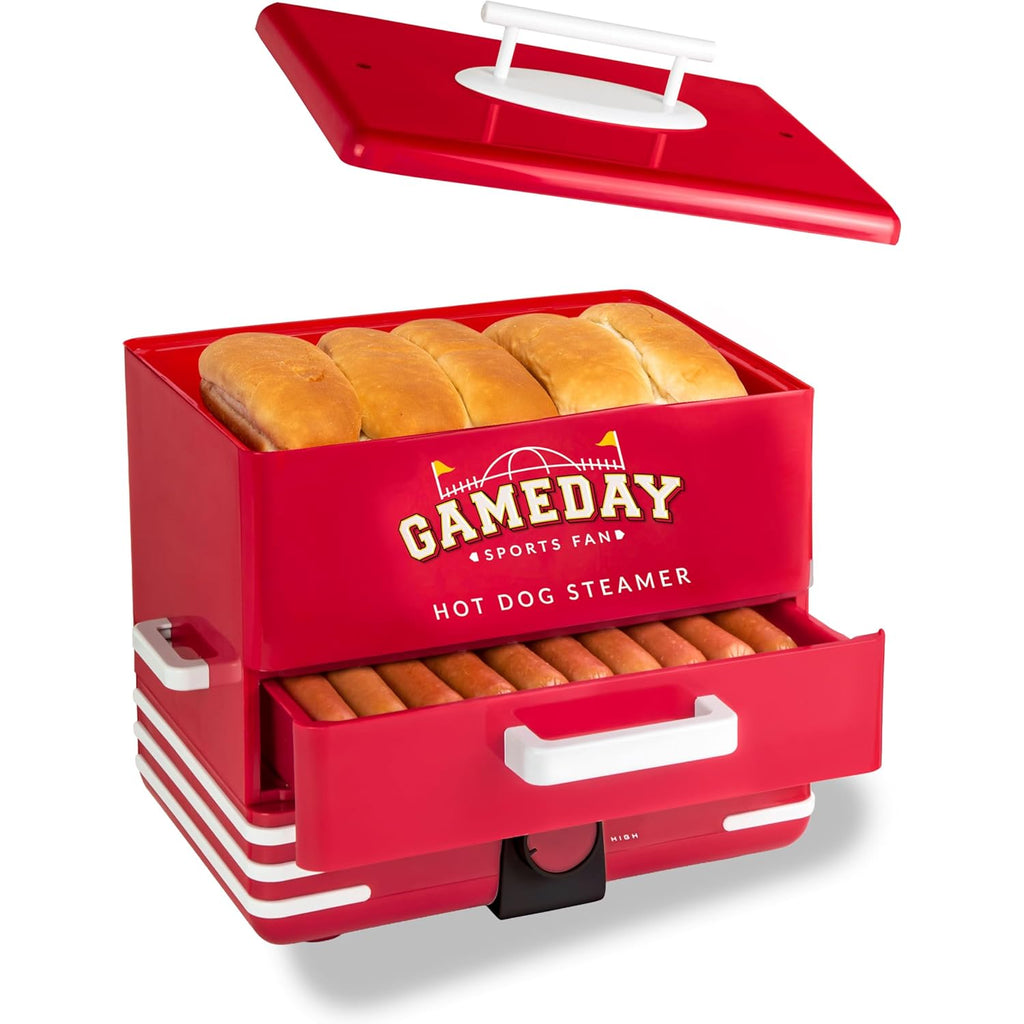Nostalgia, Game Day Hot Dog Steamer and Bun Warmer, Fits 20 Dogs and 8 Buns, Steams Pot Stickers, Veggies, Potatoes, and Other Appetizers or Toppings