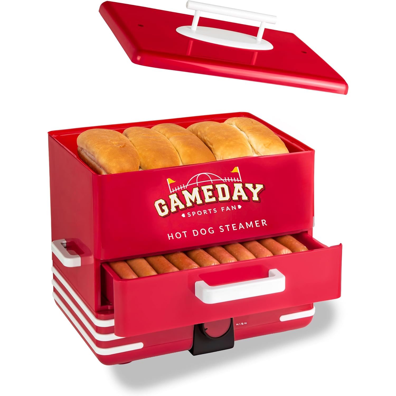Nostalgia, Game Day Hot Dog Steamer and Bun Warmer, Fits 20 Dogs and 8 Buns, Steams Pot Stickers, Veggies, Potatoes, and Other Appetizers or Toppings
