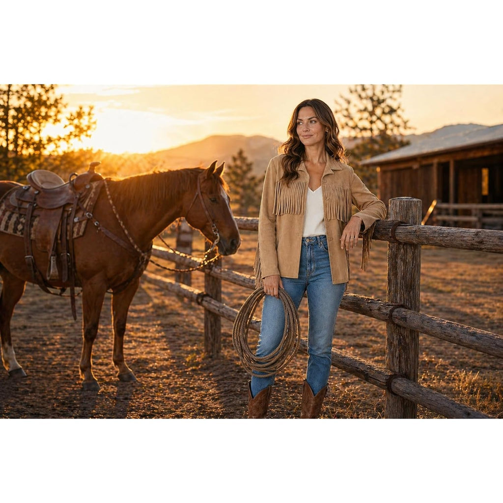 Women’S Buffalo Suede Fringe Jacket, Genuine Leather Western Cowgirl Boho Coat Vintage Style