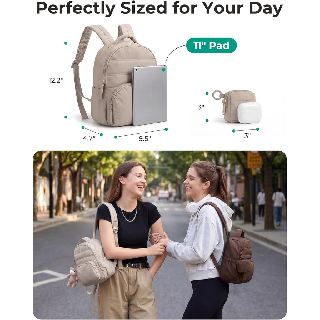 BAGSMART Small Backpacks for Women, Lightweight Puffer Mini Backpack Purse with Pouch, Quilted Casual Daypack, Water-Resistant Bookbag for Daily Travel College, 2-in-1 Set, Latte Brown