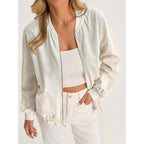 Tankaneo Womens Lightweight Bomber Jackets Casual Zip Up Drawstring Cotton Linen Jacket With Pockets