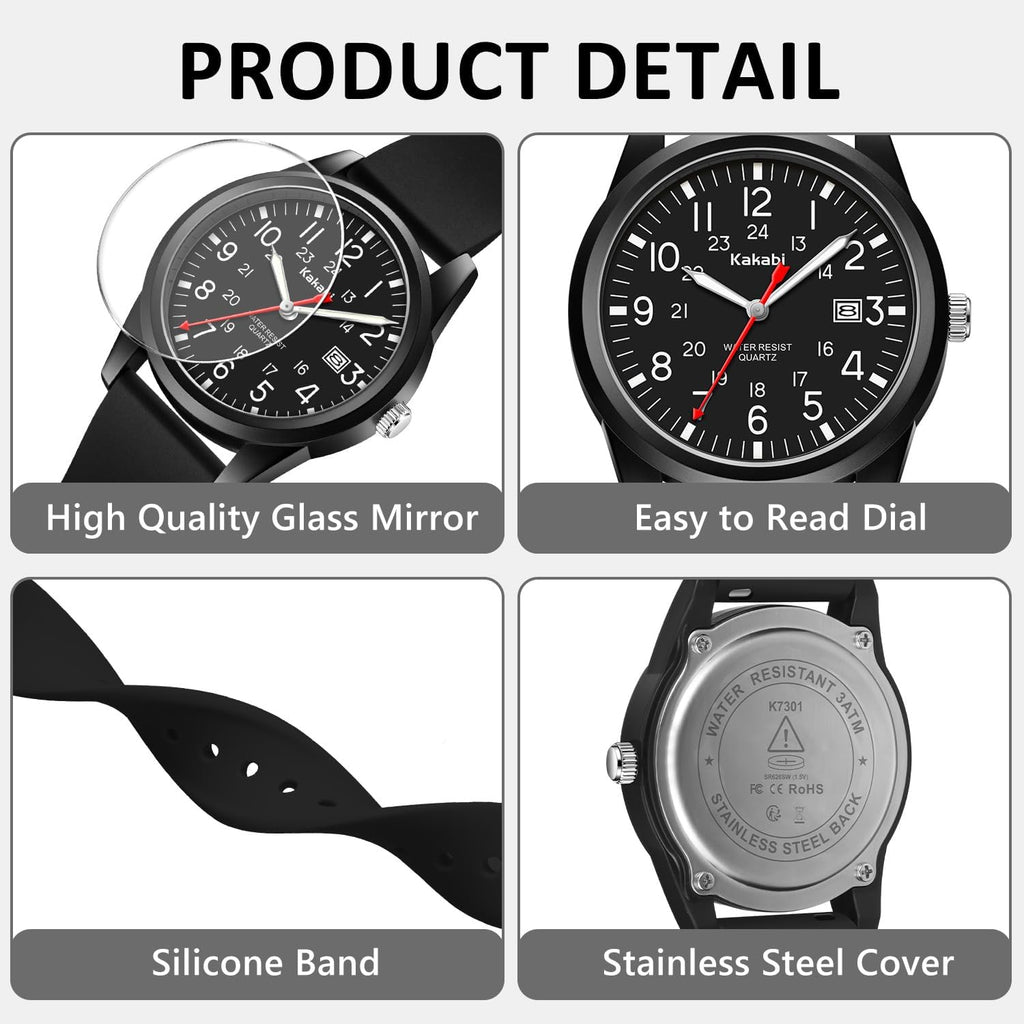 Men'S Easy To Read Watch, Unisex Military Sport Analog Quartz Casual Wristwatch With Comfortable Silicone Strap, 24 Hour Time, 30M Water Resistance
