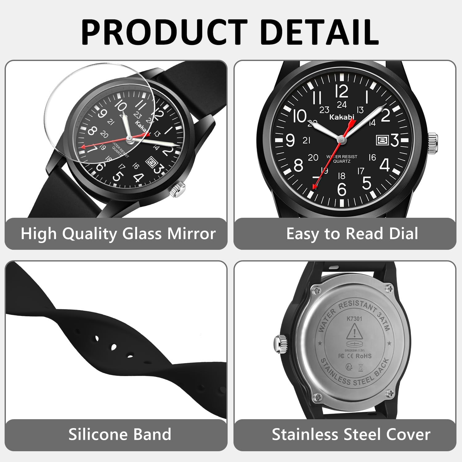 Men'S Easy To Read Watch, Unisex Military Sport Analog Quartz Casual Wristwatch With Comfortable Silicone Strap, 24 Hour Time, 30M Water Resistance