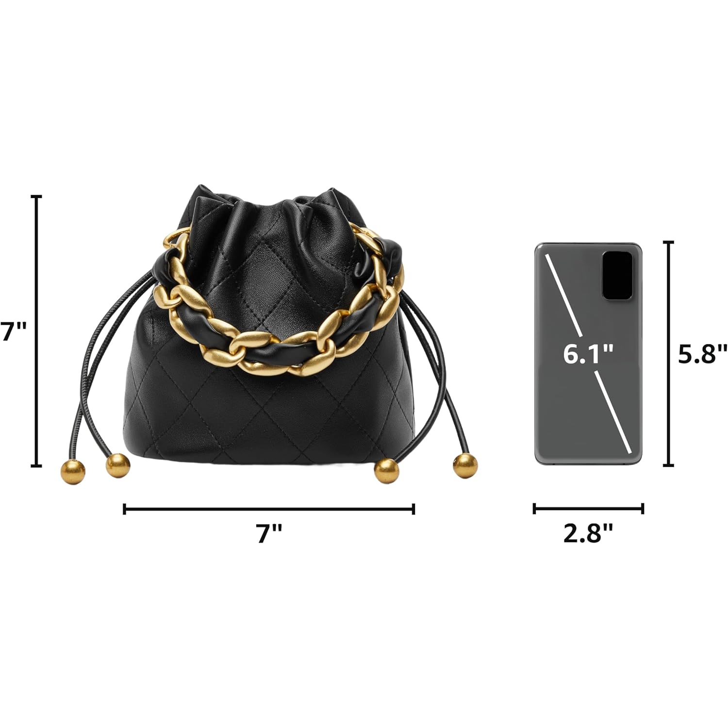Doris&Jacky Small Top Handle Bucket Bag, Designer Lambskin Drawstring Crossbody Purse With Chunky Chain Tote Strap