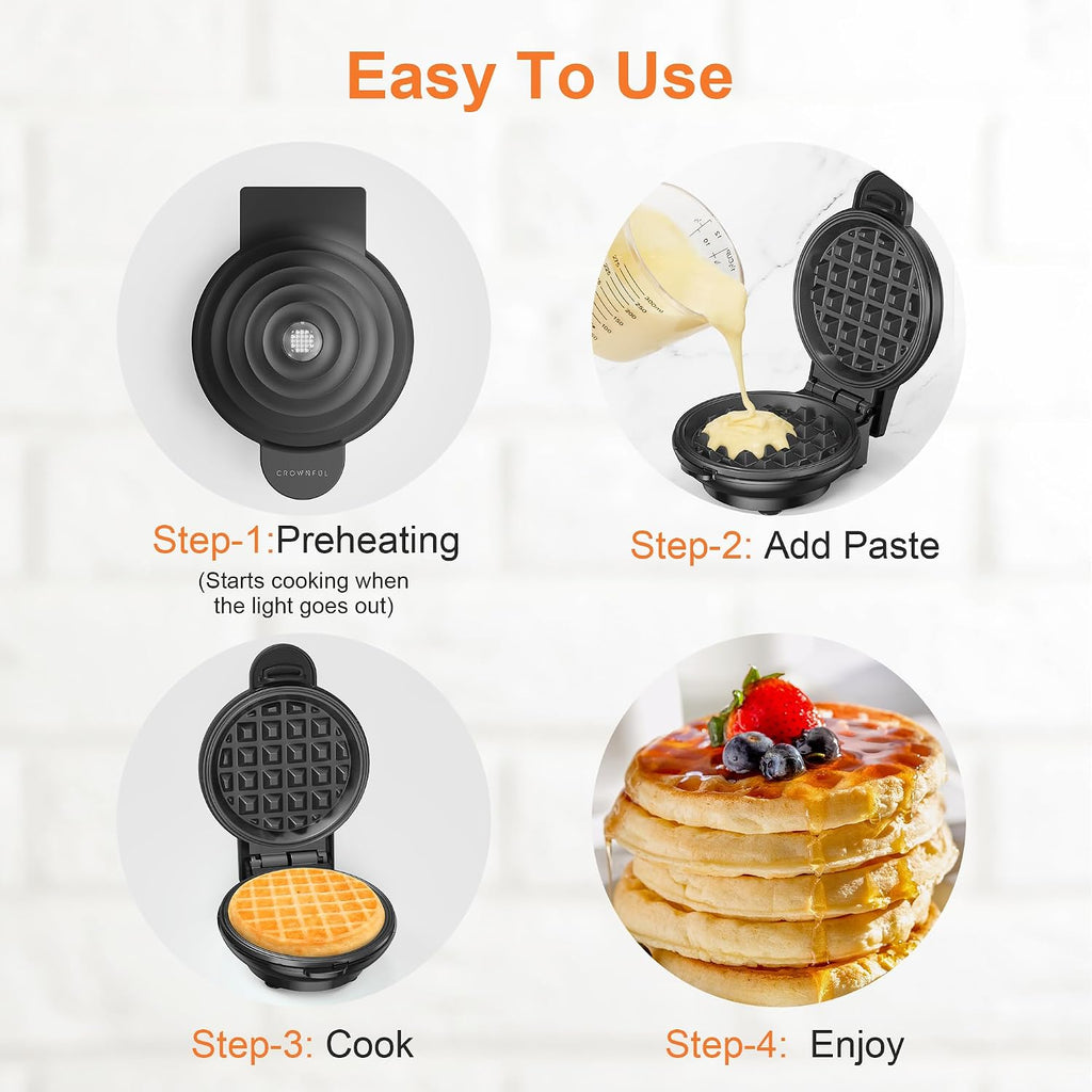 Crownful Mini Waffle Maker, 4" Chaffle Maker With Compact Design, Easy To Clean, Non-Stick Surface, Recipe Guide Included, Perfect For Breakfast, Dessert, Sandwich, Or Other Snacks
