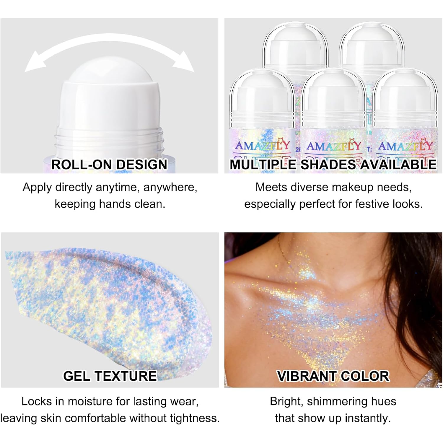 Roll-on Body Glitter Gel Holographic for Face and Hair,Body Glitter Gel Makeup for Kids Women,Body Shimmer Christmas Makeup for Rave Party.(Neon Gold)