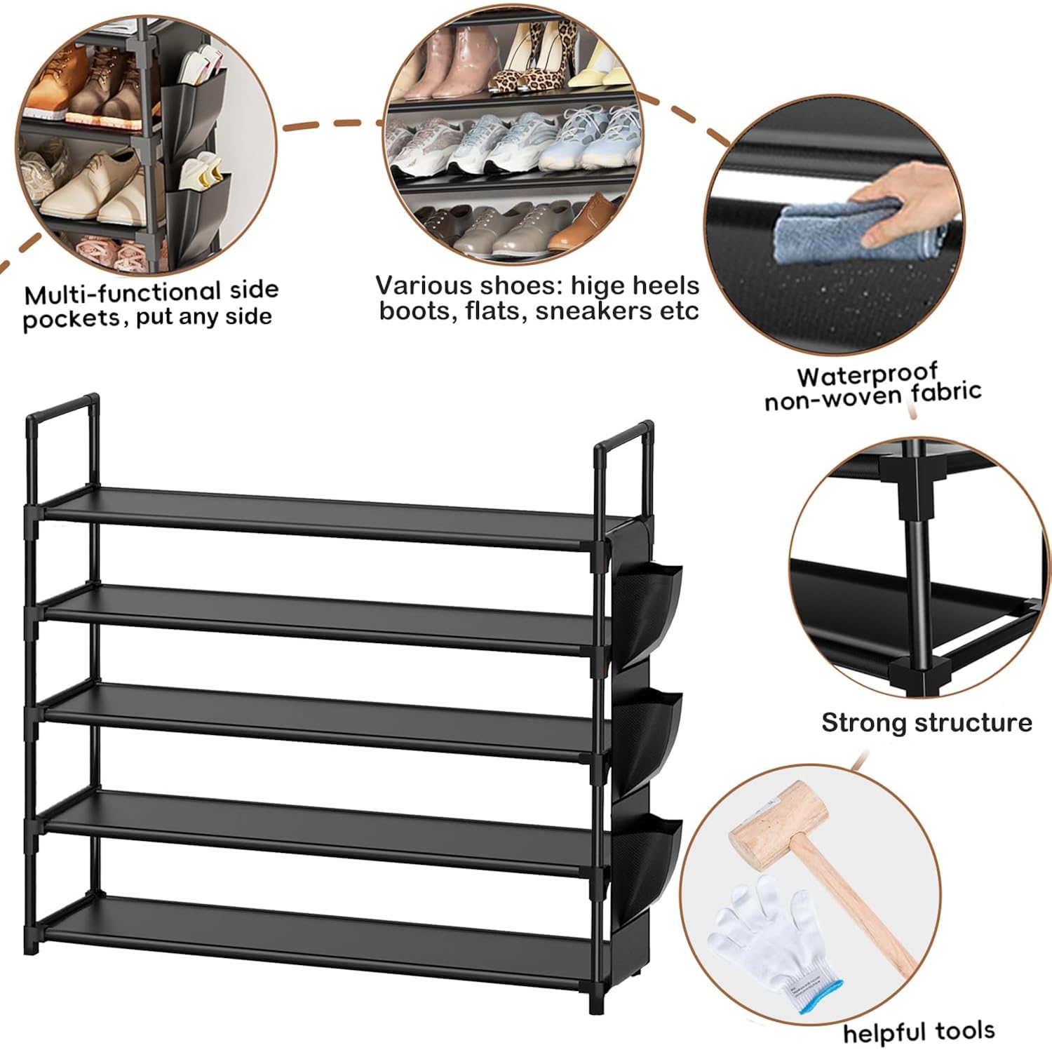 5 Tier Shoe Organizer Rack For Closet, Entryway, Garage, Door, Space Saving, Shoe Holder Stand/Tower, Large, 20-25 Capacity