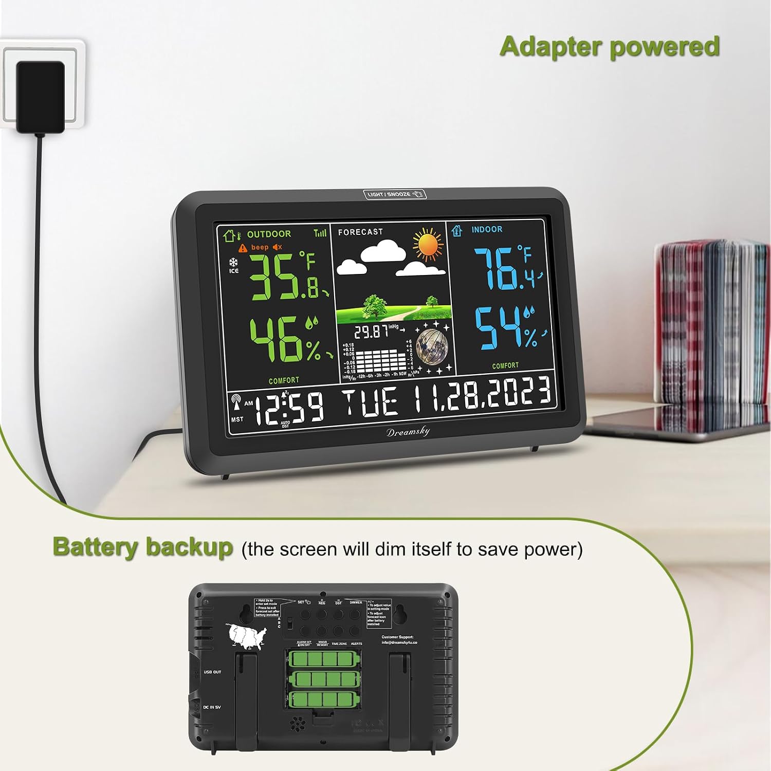 Dreamsky Weather Station Indoor Outdoor Thermometer Wireless, Atomic Clock | Digital Large Display With Backlight Dimmer, Usb Port, Inside Outside Temperature Humidity Monitor For Home (Plug-In)