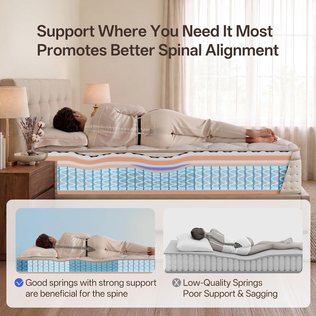 Queen Mattress, 14 Inch Cooling Hybrid, Gel Memory Foam With Pocket Coils, Medium Firm, Motion Isolation, Pressure Relief, Certipur-Us