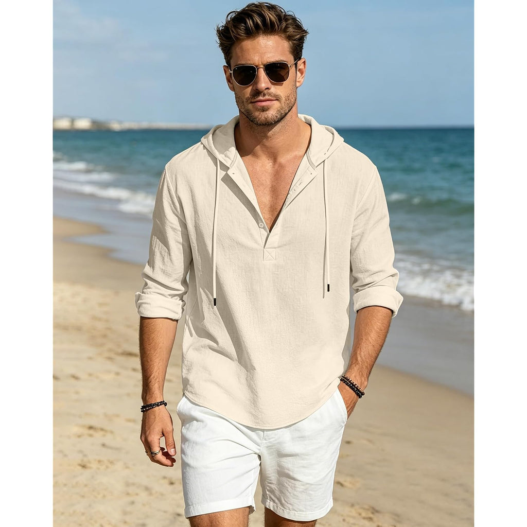Men'S Cotton Linen Hoodies Casual Hooded Long Sleeve Button Down Shirts Lightweight Casual Hawaiian Beach Sweatshirts