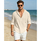 Men'S Cotton Linen Hoodies Casual Hooded Long Sleeve Button Down Shirts Lightweight Casual Hawaiian Beach Sweatshirts