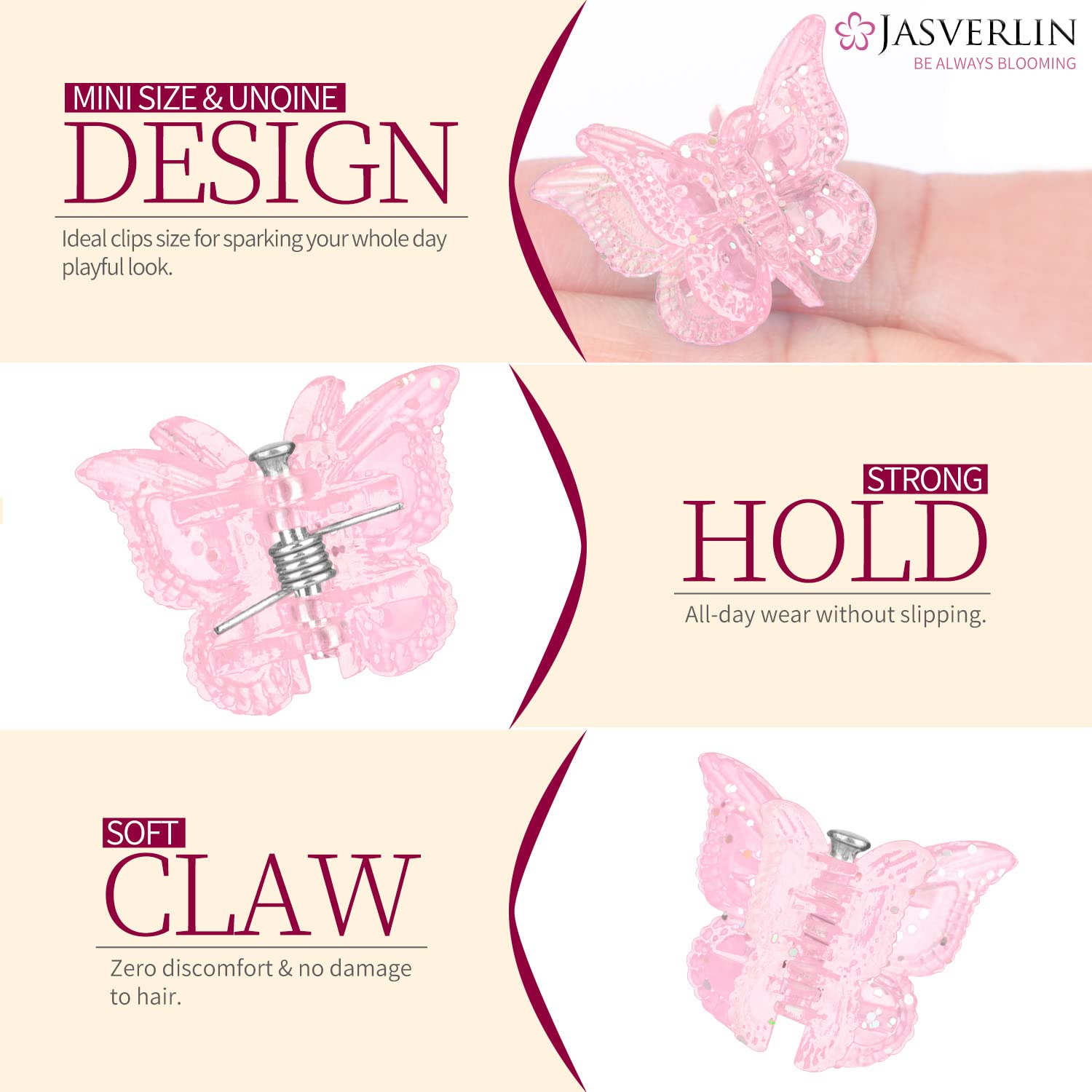 Jasverlin Glitter Mini Butterfly Hair Claw Clips, Sparkly Colorful Hair Accessories For Girls And Women - 90S Y2K Cute, Small, Tiny Clip In 10 Assorted Colors, Set Of 50 (Glitter)