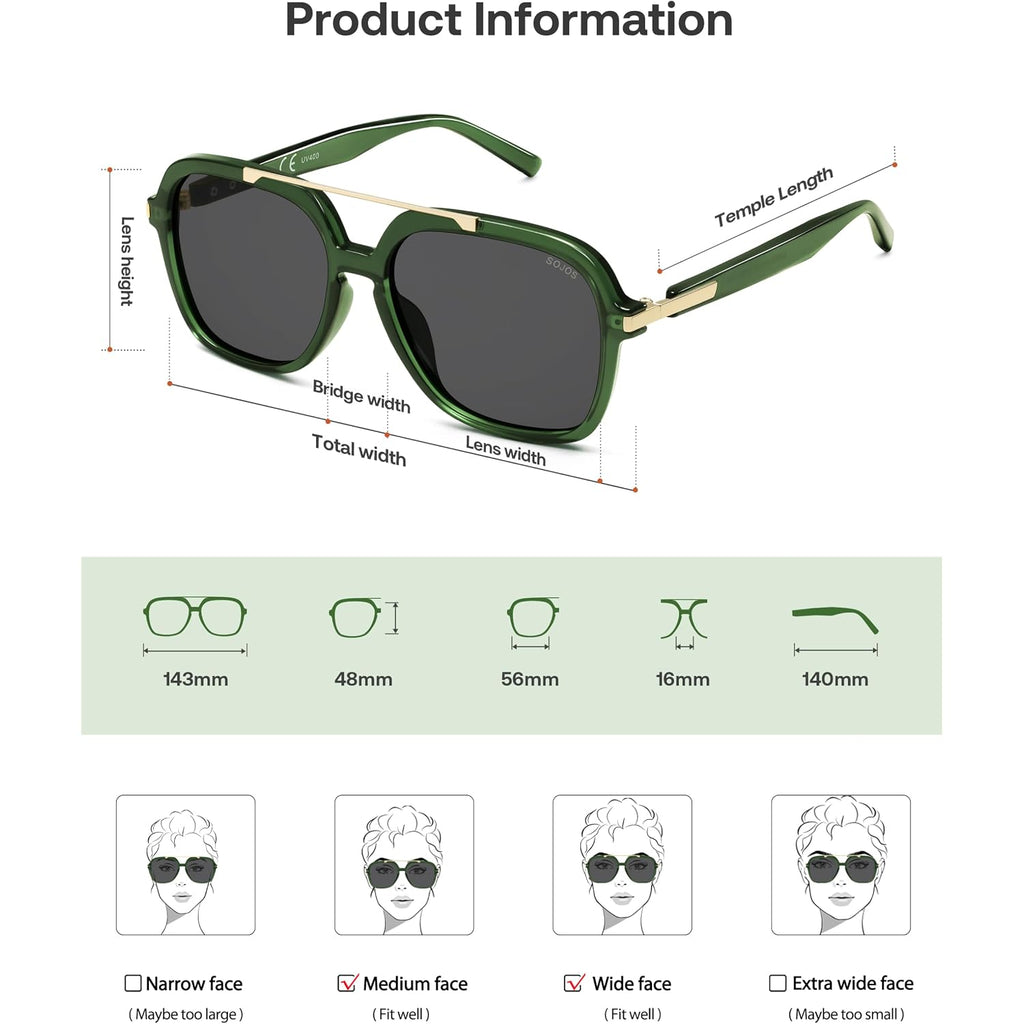 SOJOS Big Trendy Polarized Aviator Sunglasses for Women Men, 80s 90s Retro Square Aviators Sun Glasses SJ2672 Dark Green/Grey