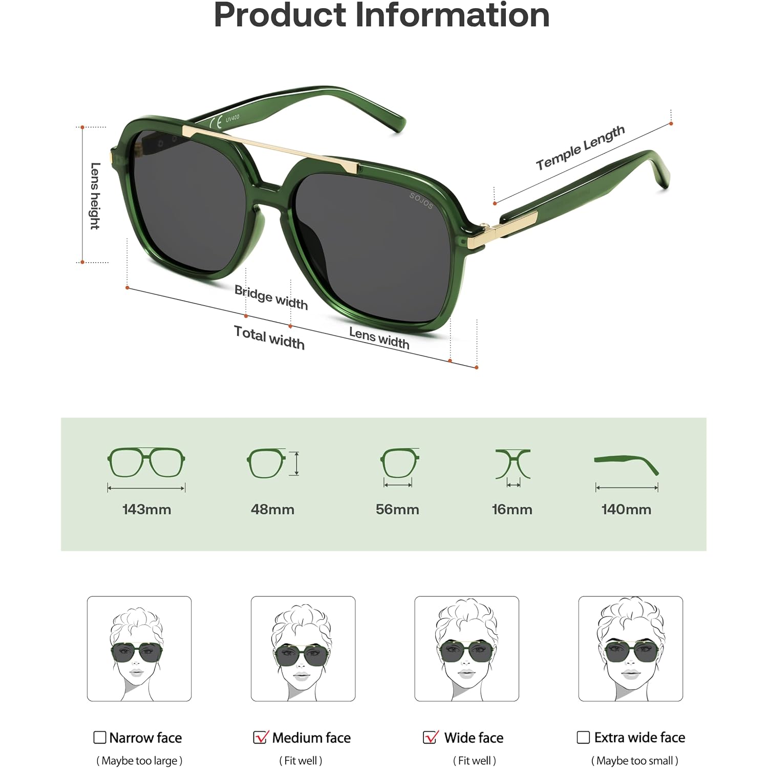 SOJOS Big Trendy Polarized Aviator Sunglasses for Women Men, 80s 90s Retro Square Aviators Sun Glasses SJ2672 Dark Green/Grey