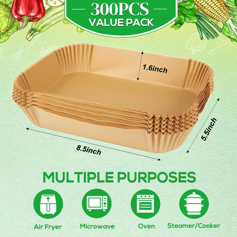 Bykitchen 300Pcs Air Fryer Liners For Ninja Dual Airfryer, Rectangle Disposable Air Fryer Parchment Paper Compatible With Ninja Dz201/ Dz401/ Dz550, Bella Slim Airfryer &More, Air Fryer Accessories
