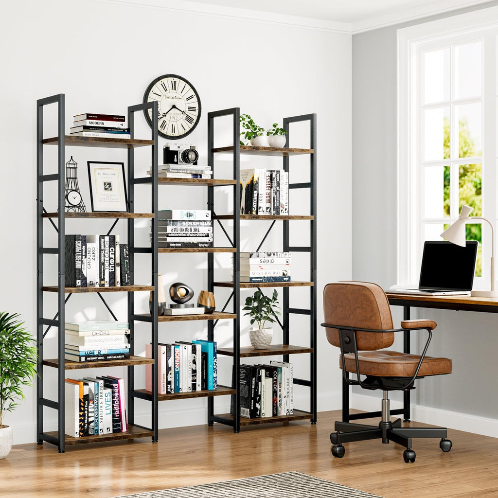 Numenn Triple Column 5 Tier Bookshelf, Bookcase With 14 Open Display Shelves, Adjustable Rustic Industrial Style Book Shelves, Modern Bookshelves For Bedroom, Living Room And Home Office, Vintage
