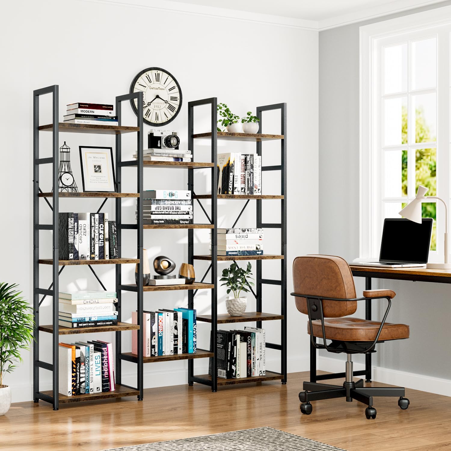 Numenn Triple Column 5 Tier Bookshelf, Bookcase With 14 Open Display Shelves, Adjustable Rustic Industrial Style Book Shelves, Modern Bookshelves For Bedroom, Living Room And Home Office, Vintage