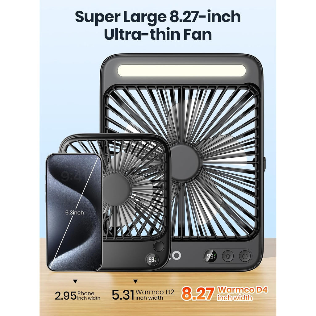 Warmco D4 Battery Powered Camping Fan 20000Mah, Led Lantern | Up To 48H Runtime, Ultra-Slim Quiet 8-Inch Fan, Digital Display & Hook For Tent, Bedroom, Outdoor & Travel