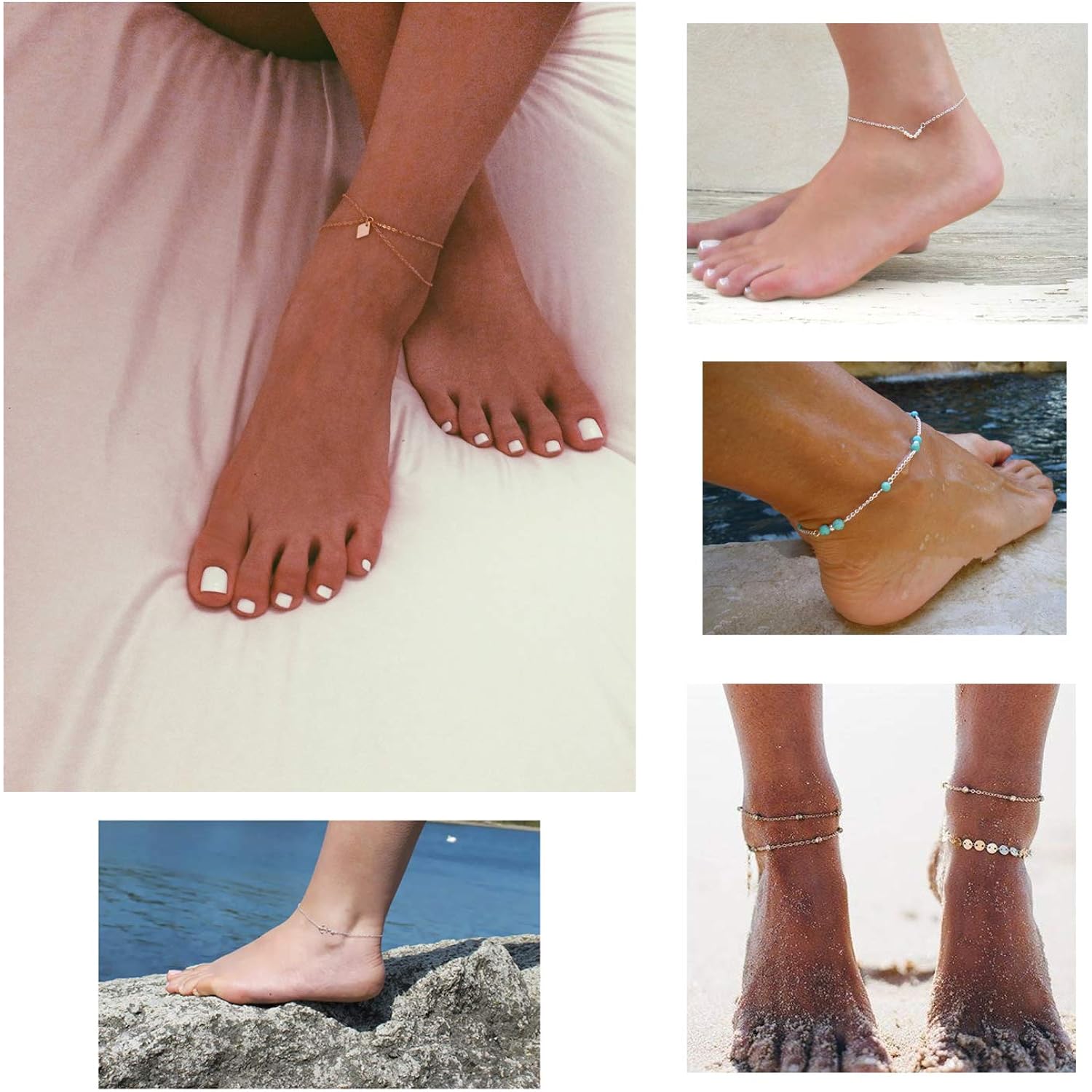 Softones 16Pcs Ankle Bracelets for Women Gold Silver Two Style Chain Beach Anklet Bracelet Jewelry Anklet Set,Adjustable Size
