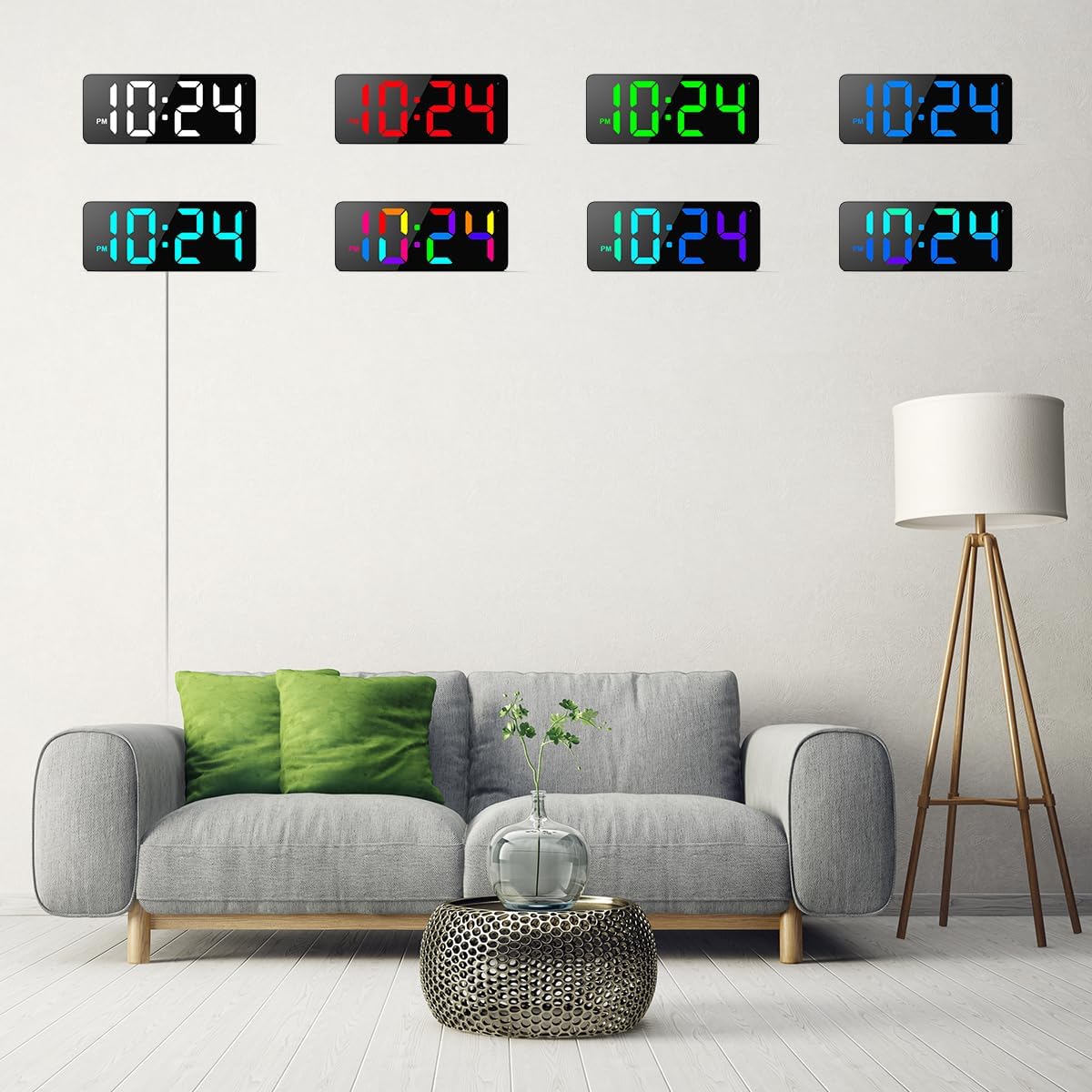 Led Digital Wall Clock With Dynamic Rgb Display, Big Digits, Auto-Brightness, 12/24Hr Format, Modern Electric Small Silent Wall Clock For Living Room, Bedroom, Classroom, Farmhouse, Kitchen, Office