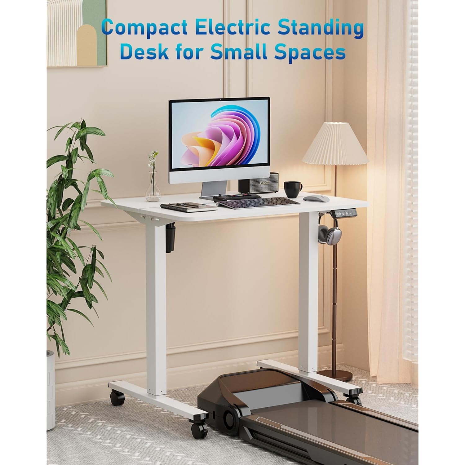 32" Small Electric Rolling Standing Desk Adjustable Height, Mobile Sit Stand Up Desk With Lockable Casters For Home Office & Computer Workstation, Splice Board, 2 Hooks, White Frame/White Top