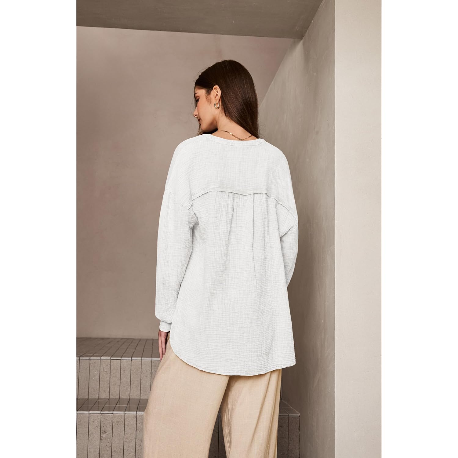 Womens Casual Button V Neck Long Sleeve Shirts Oversized Solid Blouses Tops