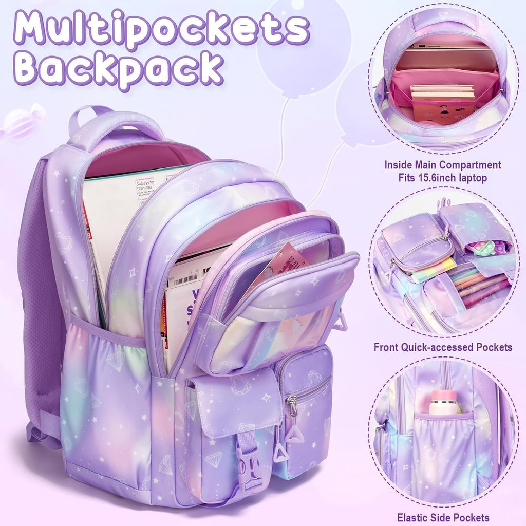 Fimibuke Kids Backpack For School Girls, Waterproof Backpack W/Lunch Box | 3Pcs Lightweight Kids Galaxy Bookbag W/ Lunch Box Combo Set, Cute Backpack For Girls Ages 6+ Elementary Middle School Teens
