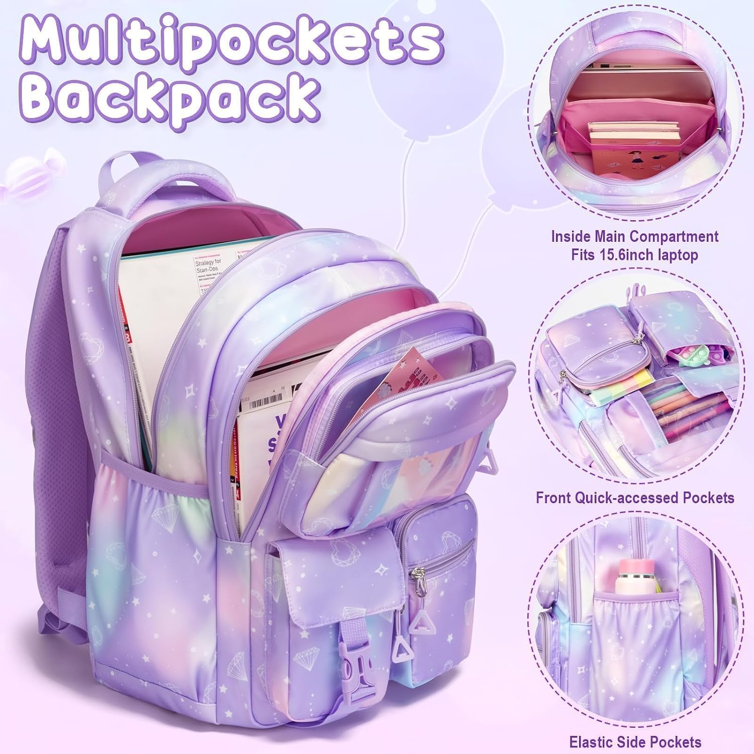 Fimibuke Kids Backpack For School Girls, Waterproof Backpack W/Lunch Box | 3Pcs Lightweight Kids Galaxy Bookbag W/ Lunch Box Combo Set, Cute Backpack For Girls Ages 6+ Elementary Middle School Teens