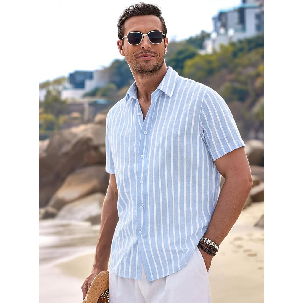 Damipow Mens Linen Shirts Short Sleeve Cotton Striped Casual Button Down Shirt Beach Vacation Summer Shirts