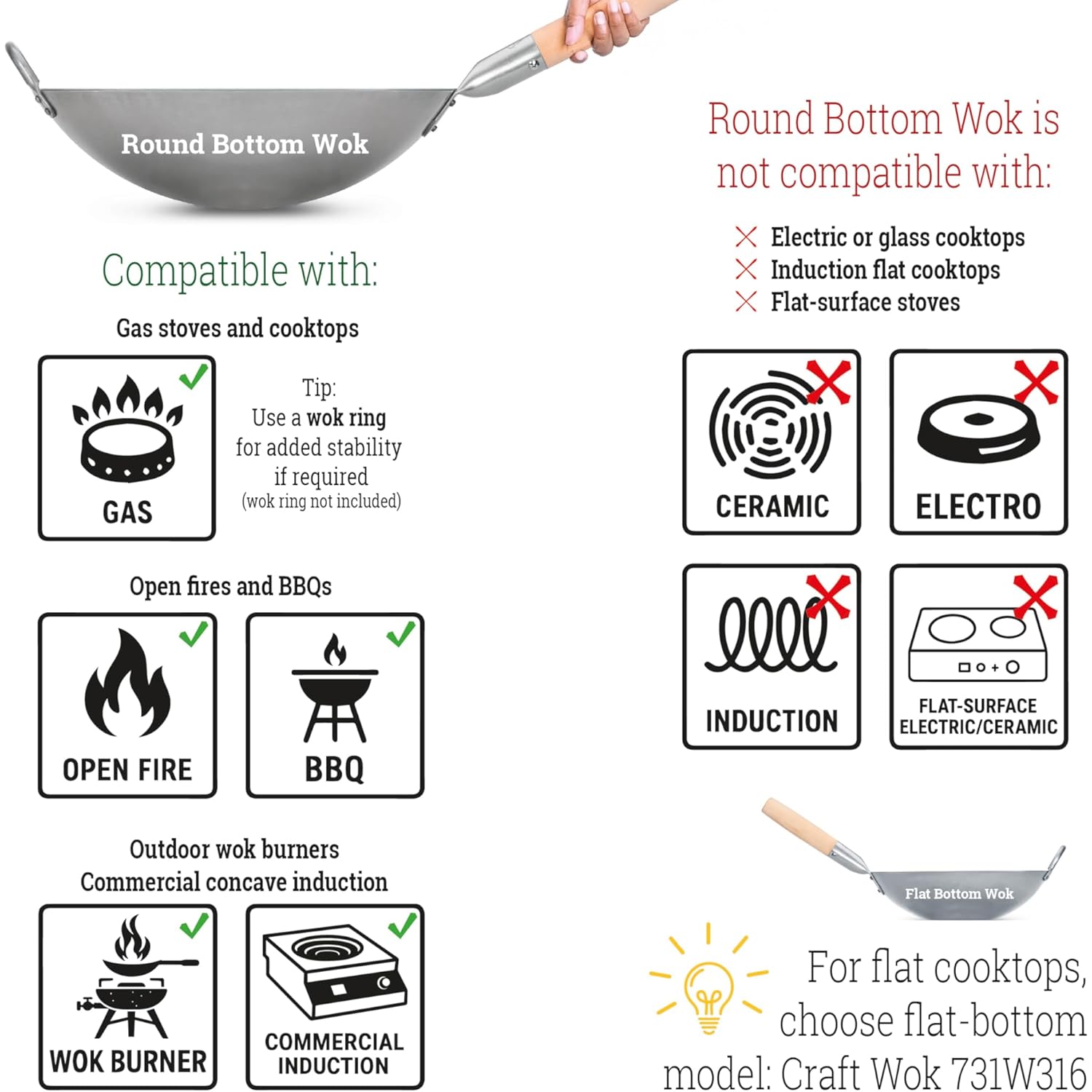 Craft Wok Traditional Hand Hammered Chinese Carbon Steel Wok with Wooden and Steel Helper Handle (14 Inch, Round Bottom Pow Wok Pan) / 731W88