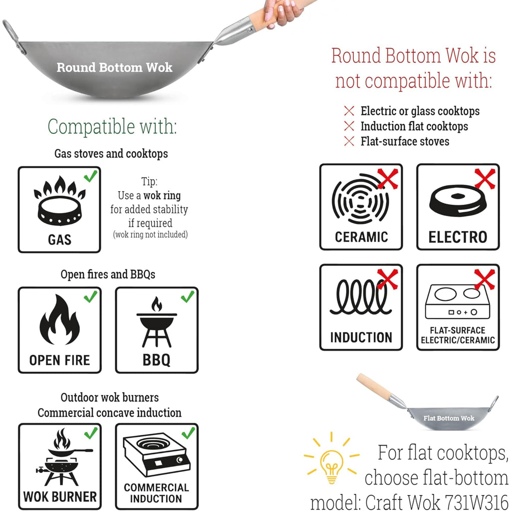 Craft Wok Traditional Hand Hammered Chinese Carbon Steel Wok with Wooden and Steel Helper Handle (14 Inch, Round Bottom Pow Wok Pan) / 731W88
