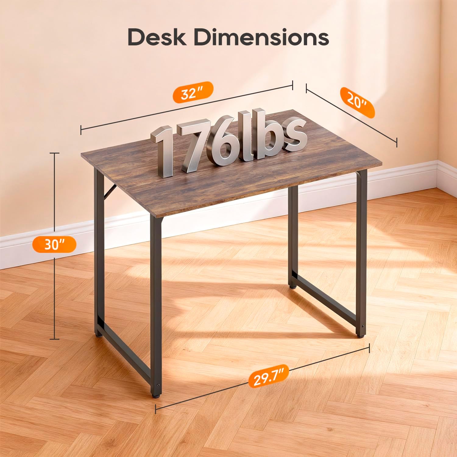 Paylesshere | 32 Inch Computer Desk | Brown | Office Desk With Metal Frame, Adjustable Feet | Water-Resistant, Scratchproof Surface | Sturdy Writing Table For Home Office Or Study | Pack Of 1