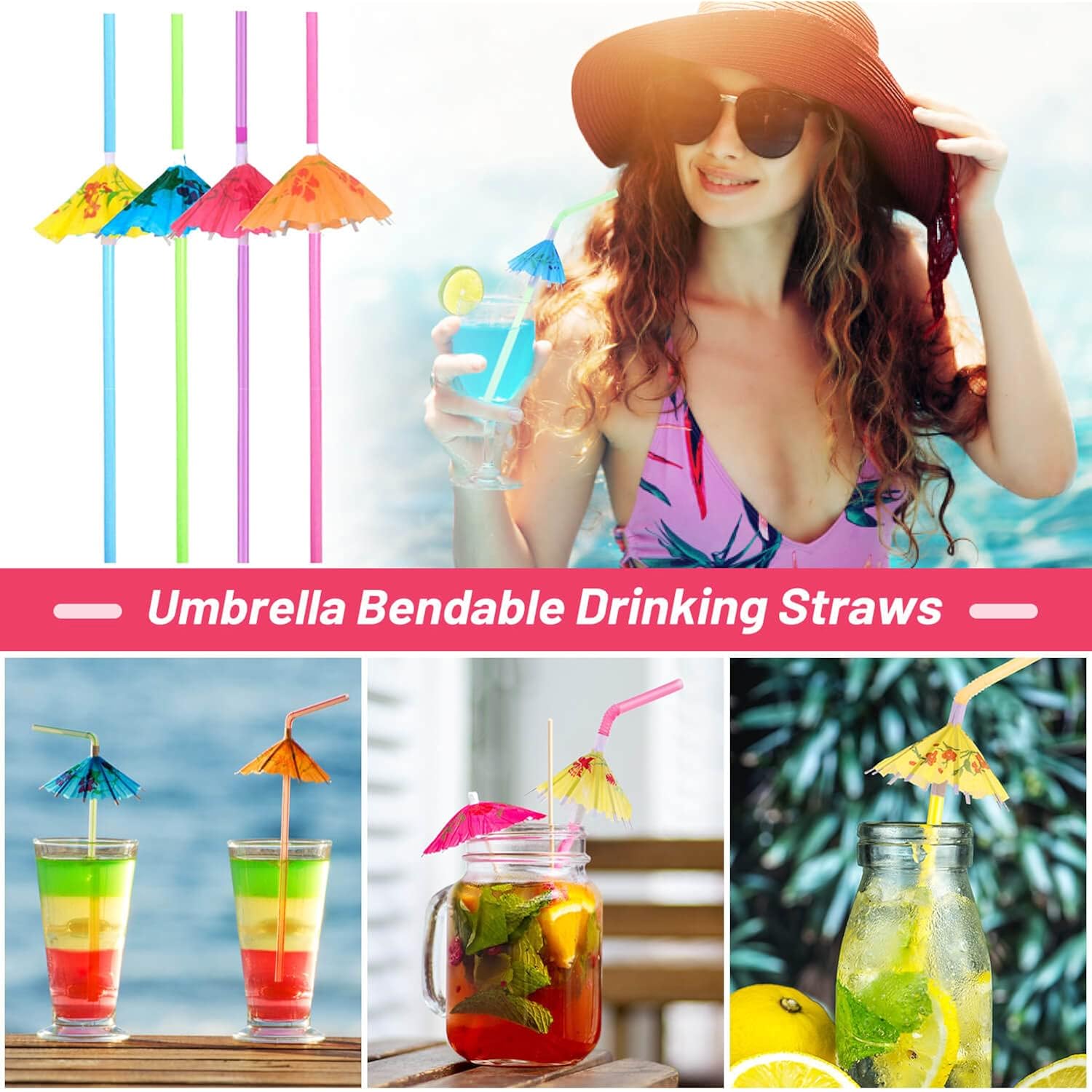 Paxcoo 50Pc Umbrella Straws For Cocktails, Tropical Hawaiian Luau Party Decorations (Assorted Colors)