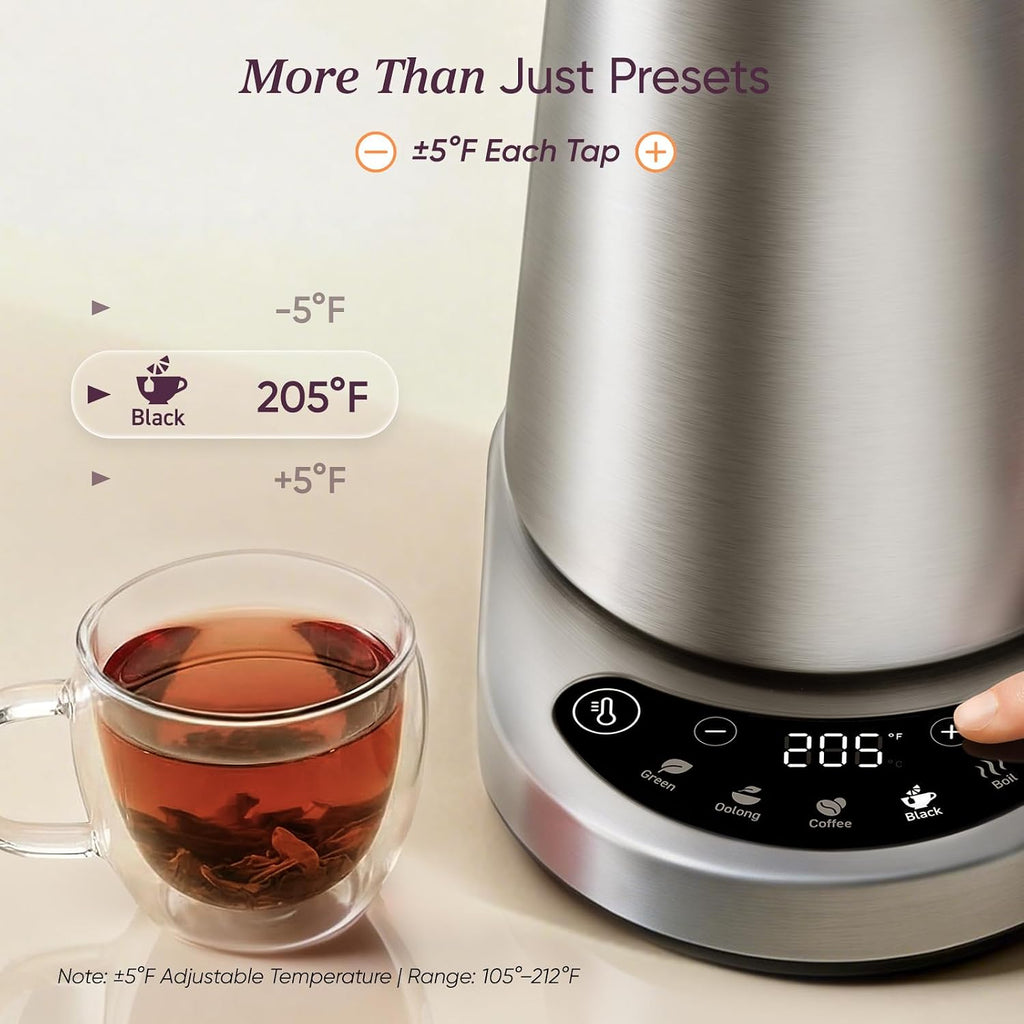 Cosori Stainless Steel Electric Kettle With Temperature Control, 1.7L | No Plastic Contact With Water, 5 Presets, ±5°F Temp Control, 60-Min Keep Warm, Dual Lid Opening, Tea, Coffee & Hot Water