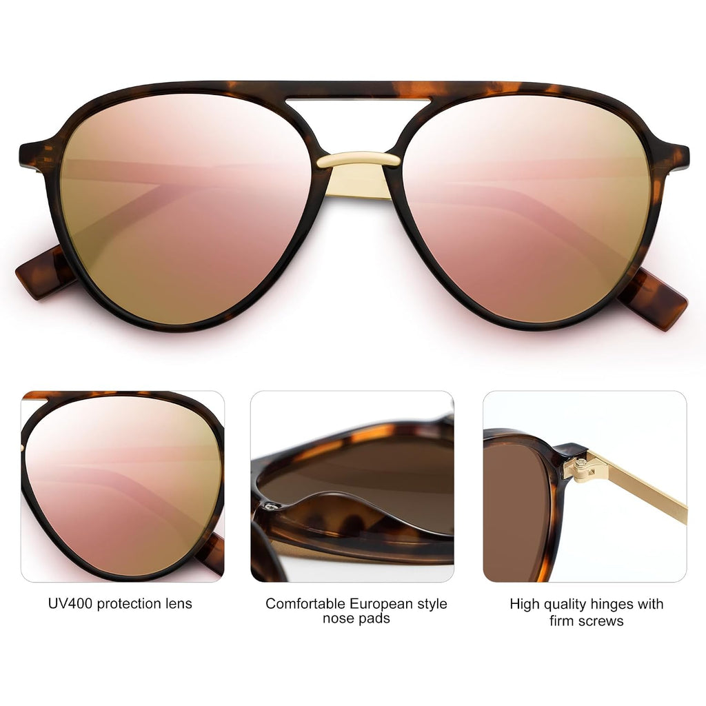 SOJOS Retro Aviator Polarized Sunglasses for Women Men Double Bridge Ladies Shades Tortoise Frame/Pink Mirrored Lens