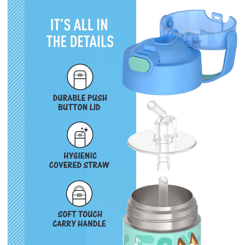 Thermos Funtainer Water Bottle With Straw - 12 Ounce - Kids Stainless Steel Vacuum Insulated Water Bottle With Lid, Bluey