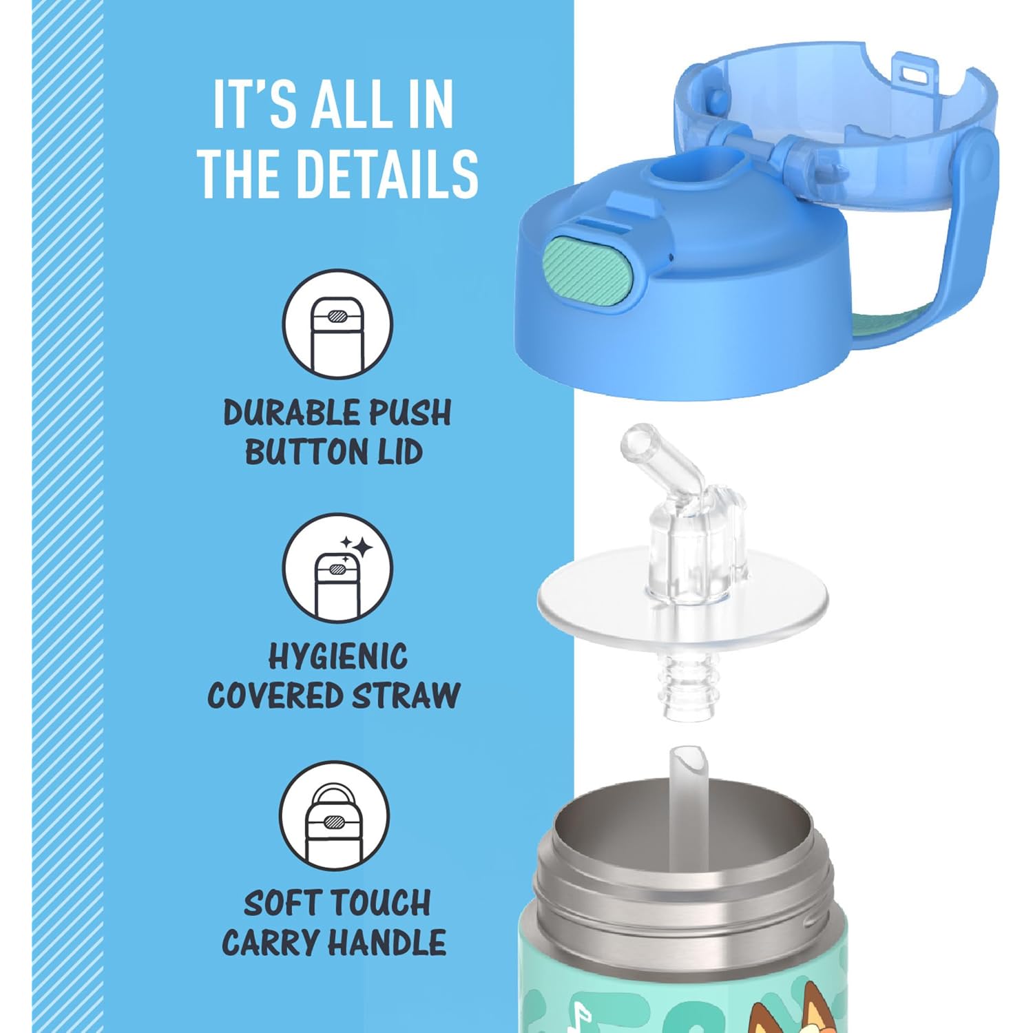 Thermos Funtainer Water Bottle With Straw - 12 Ounce - Kids Stainless Steel Vacuum Insulated Water Bottle With Lid, Bluey