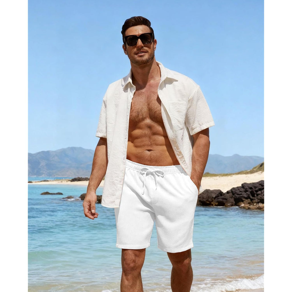 Men'S Casual Shorts Casual Elastic Waist Drawstring 7 Inch Summer Beach Vacation Shorts With Pockets
