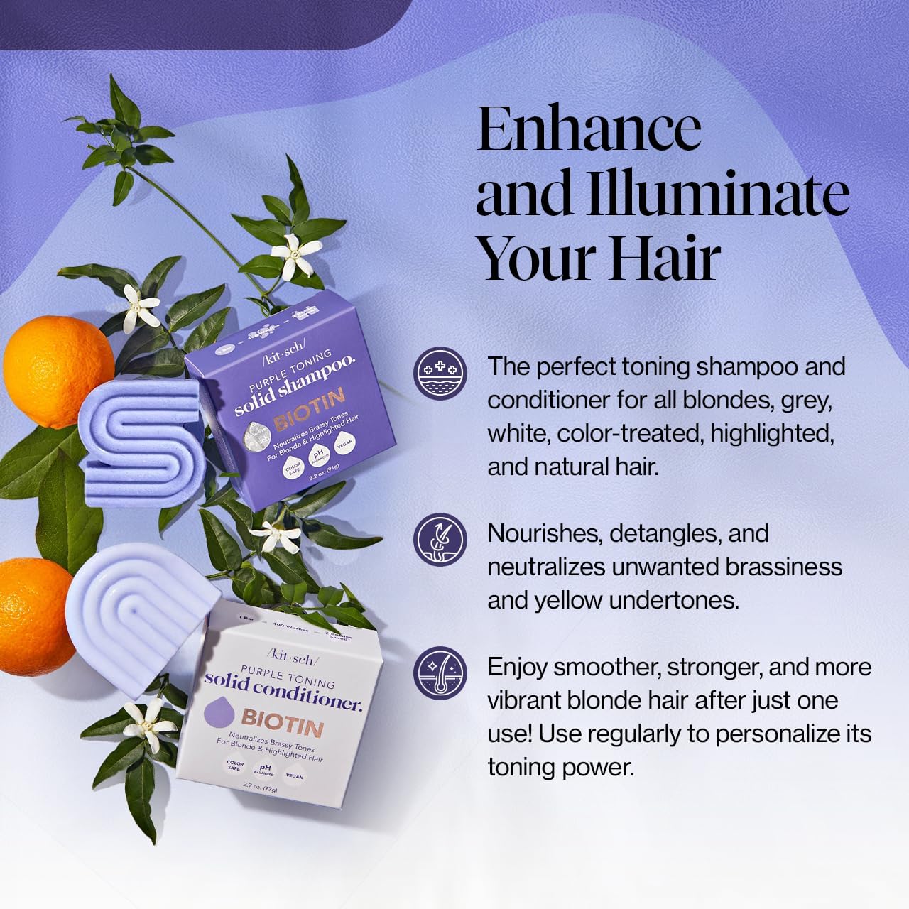 Kitsch Toning Purple Shampoo & Conditioner Bar Set For Blondes & Color Treated Hair - With Biotin for Strengthening & Neutralizing Brassy Tones - Vegan, Silicone & Sulfate Free