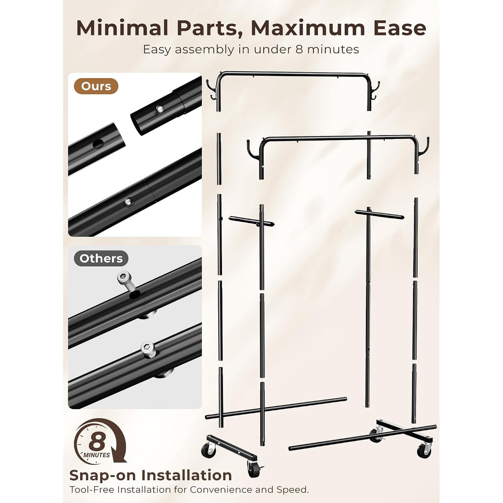 Clothes Rack, Rolling Clothing Rack With Double Rods For Hanging Clothes, Portable Garment Rack With Wheels, Metal Wardrobe Closet Organizer For Bedroom And Laundry Room