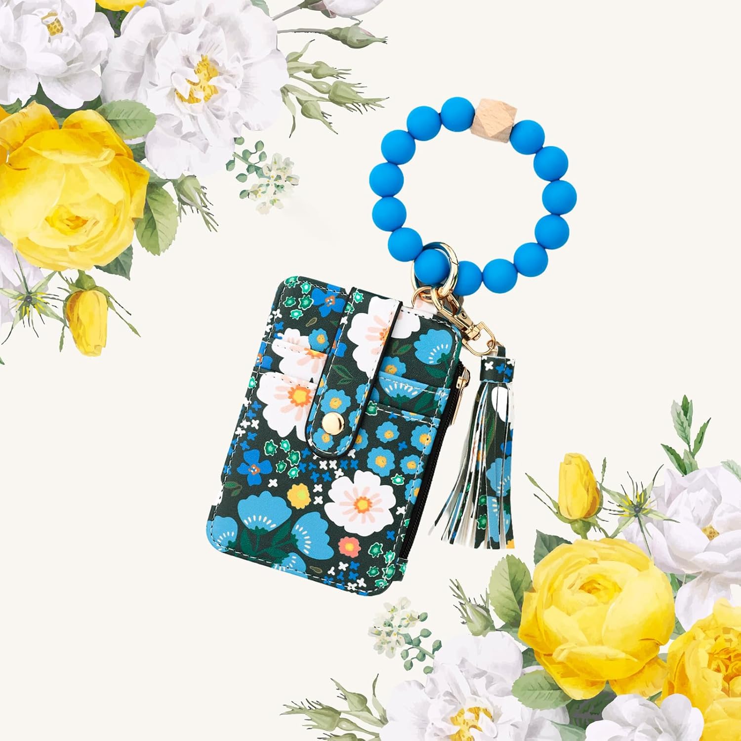 Flower Keychain Wristlet Wallets for Women Cute Silicone Beaded Credit Card Holder Aesthetic Key Ring Bracelet Leopard Wallet (Blue)