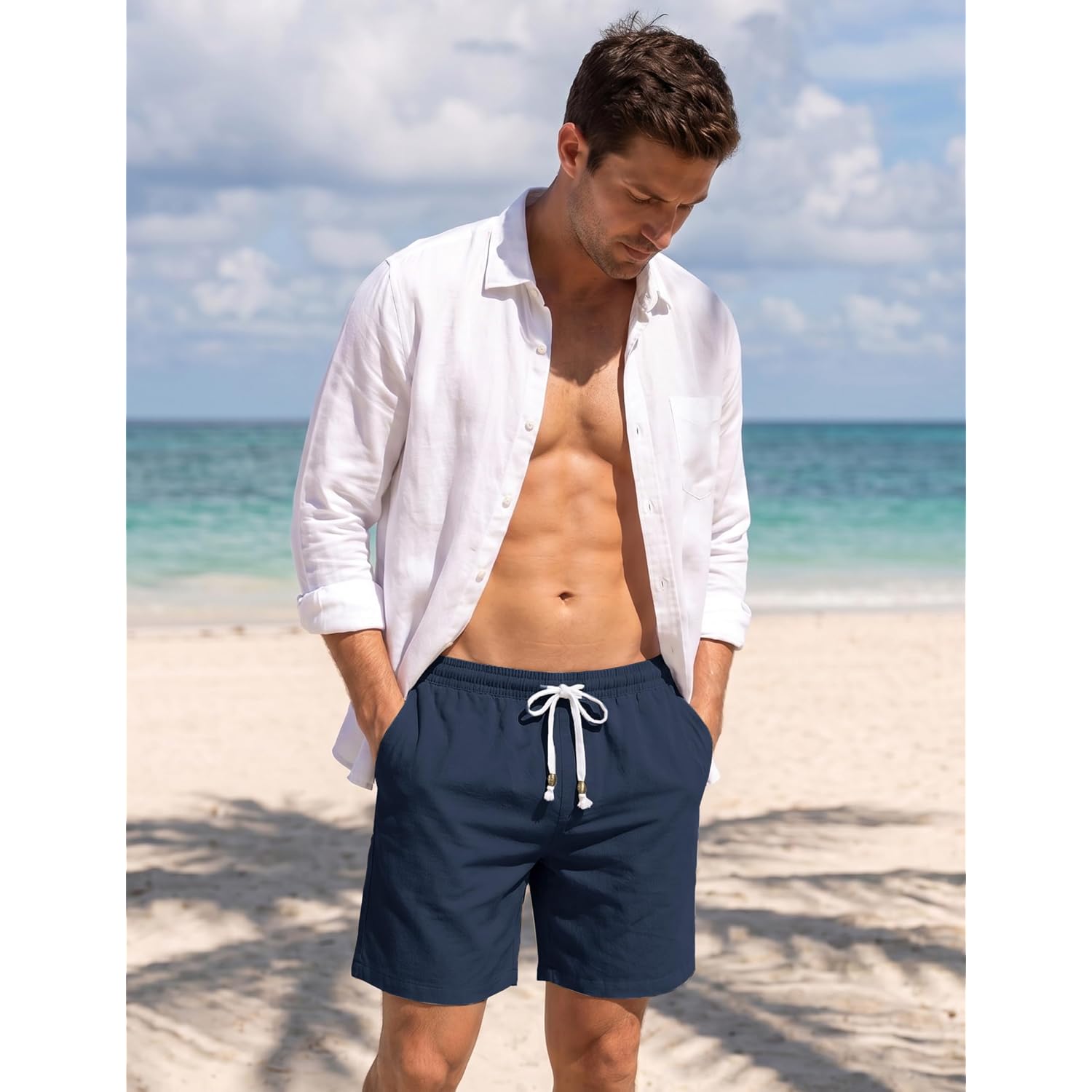Magnivit Men‘S Cotton Shorts Beach Casual Vacation Short Lightweight Elastic Waist Drawstring Short With Deep Pockets