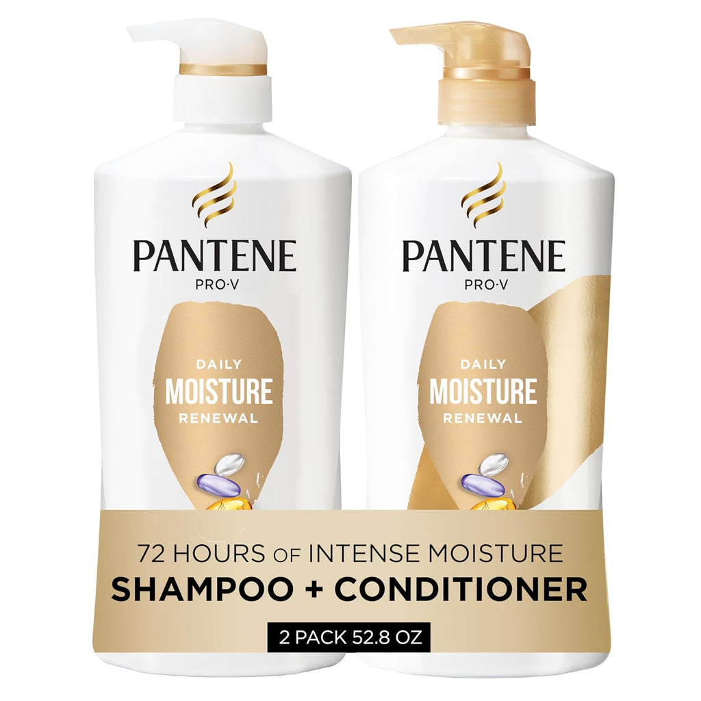 Pantene Shampoo & Conditioner Set, Daily Moisture Renewal - Pro-V Nutrients For Dry, Color-Treated, Straight To Curly Hair, 72-Hour Hydration & Softness, 52.8 Oz Total + Miracle Rescue Shot (0.5 Oz)