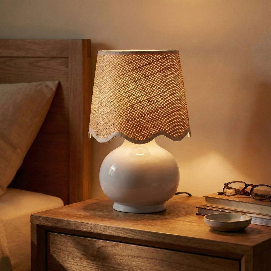 Benton Ceramic Table Lamp With Fabric Shade – 13" Bedside Accent Lamp For Bedroom, Living Room & Nightstand (White)