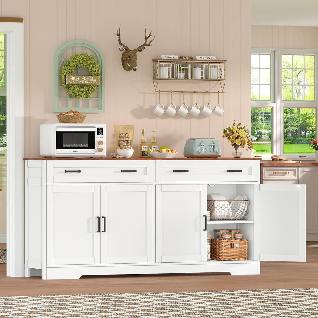 Usikey 55" Buffet Cabinet With Storage And Drawers, Large Sideboard Buffet Cabinet With Adjustable Shelves And Doors, Modern Coffee Bar For Kitchen, Living Room, White