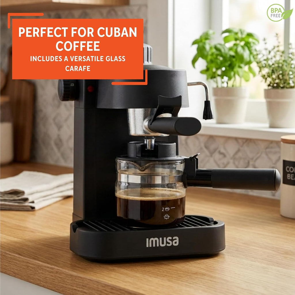 Imusa Electric Espresso Cappuccino Maker 4 Cup Capacity With Milk Frother Black Coffee Machine For Home Barista Experience