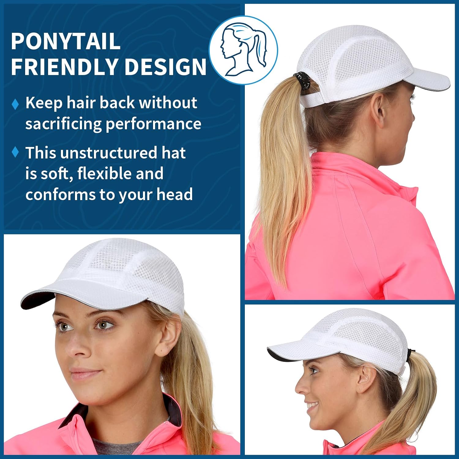 TrailHeads Women's Race Day Performance Running Cap, Lightweight & Quick Drying Mesh Sports Hat with Reflective Trim White