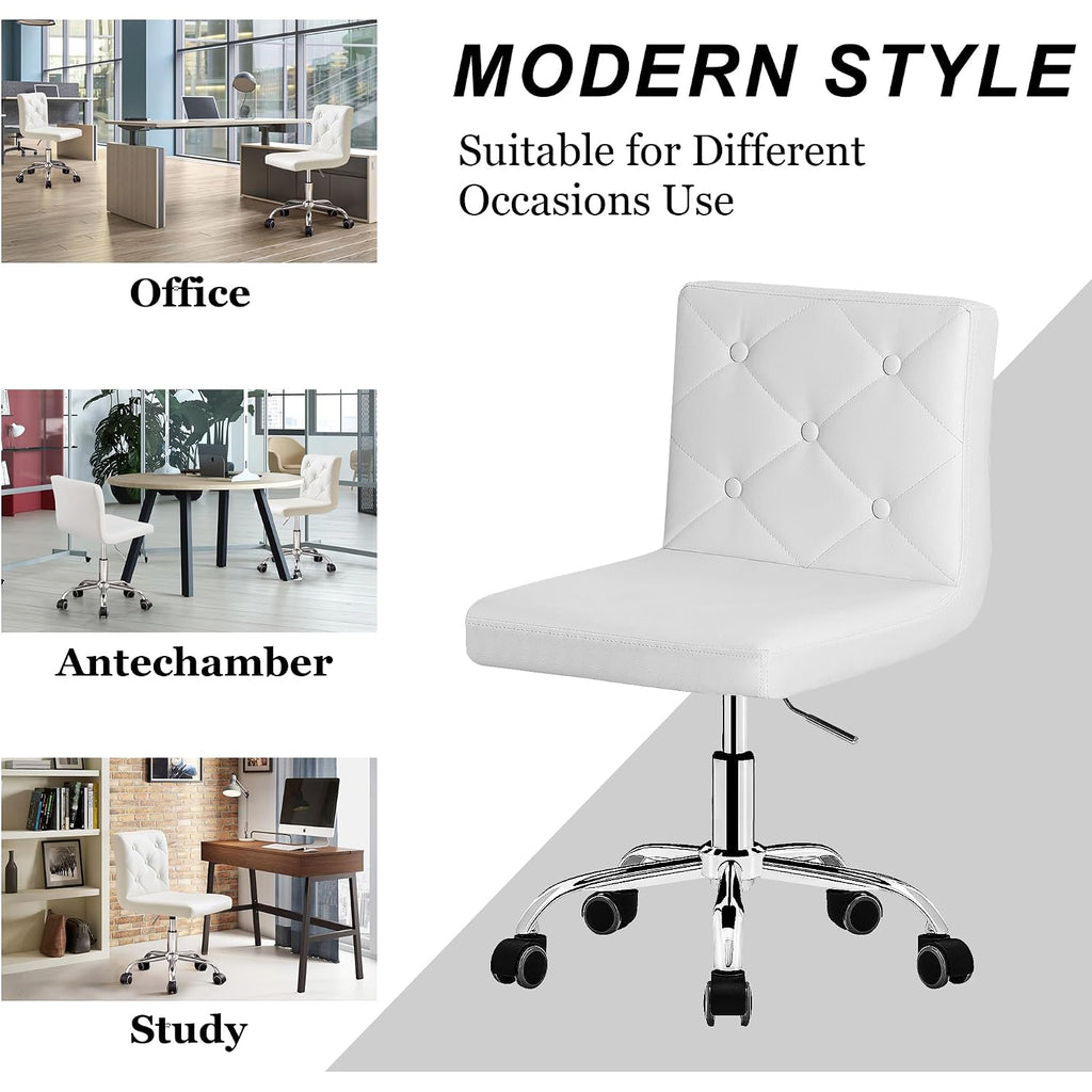 Vecelo Pu Leather Mid-Back Armless Vanity Chair Adjustable Height 360° Rolling Swivel For Home Office Work, White